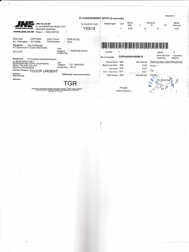 Contoh Tanda Terima JNE PDF