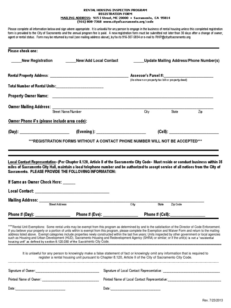 Sacramento Rental Housing Inspection Program Registration Form 82