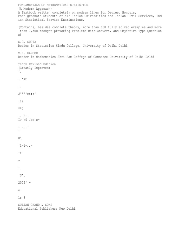 S C Gupta v K Kapoor Fundamentals of Mathematical Statistics a Modern  Approach 10th Edition 2000 | Probability Theory | Chi Squared Distribution