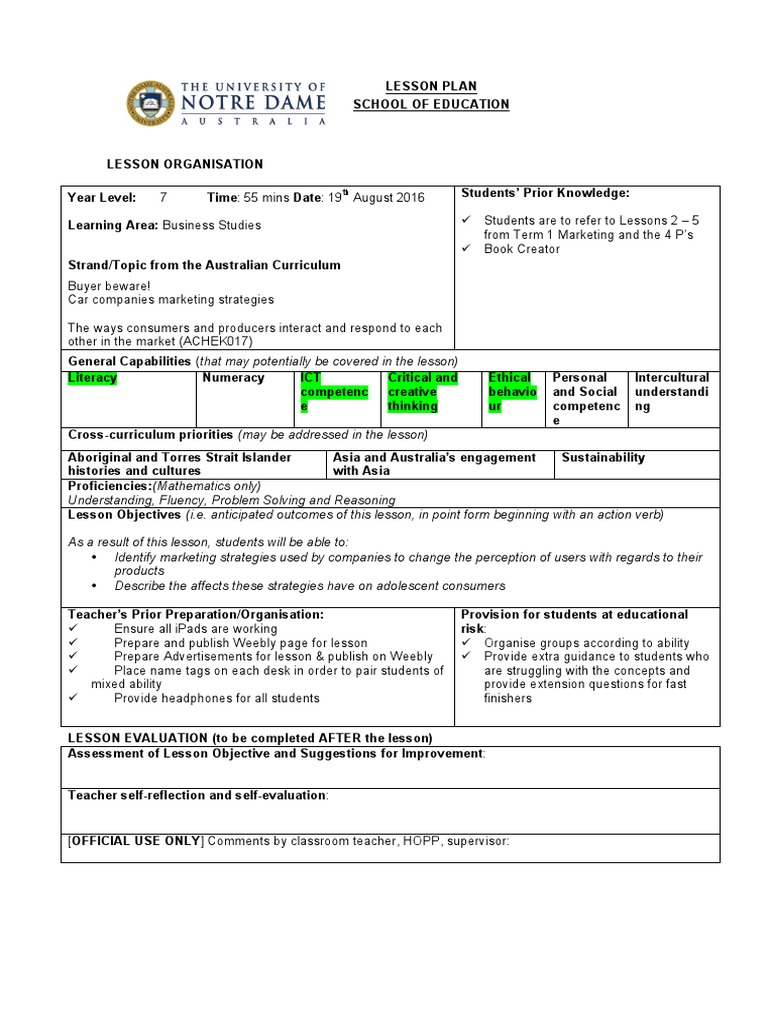 Lesson Plan Business Studies Marketing Strategy Marketing