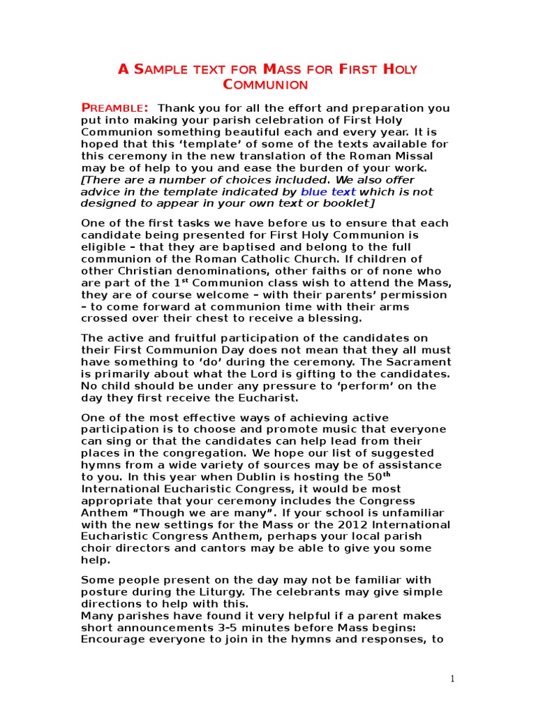 First Holy Communion Mass Text Mass Liturgy God The Father