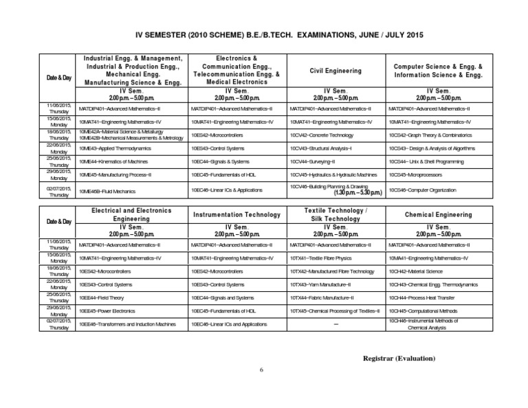 IV Sem B.E./B.Tech Exam Schedule 2015 | PDF | Textiles | Engineering