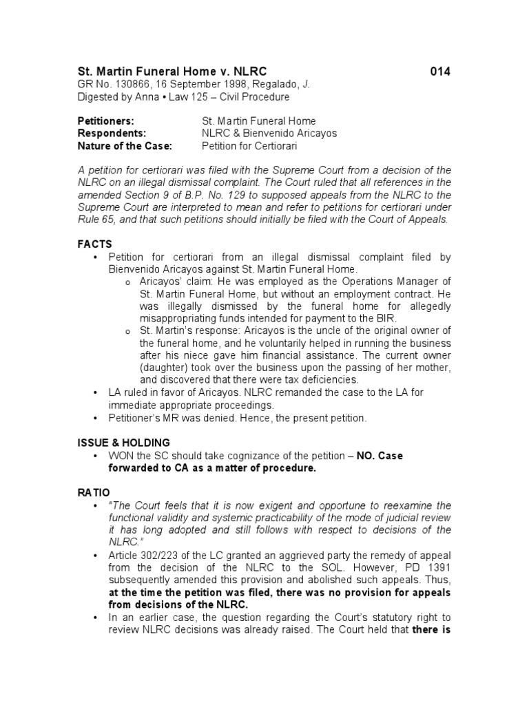 014 ST Martin Funeral Home V NLRC PDF Certiorari Appeal