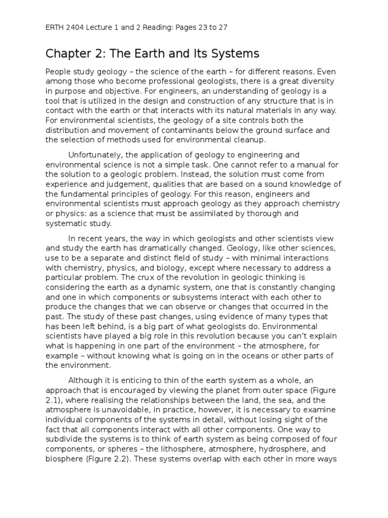 Chapter 2: The Earth and Its Systems: ERTH 2404 Lecture 1 and 2 Reading ...