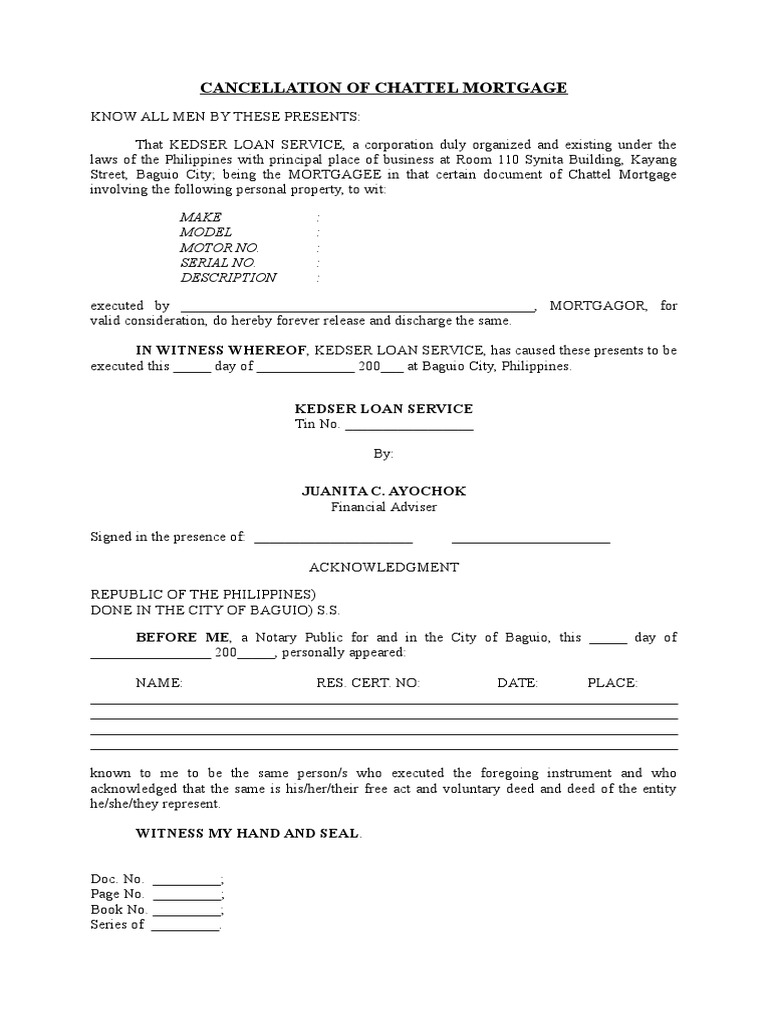 Release of Chattel Mortgage Obligations: Cancellation of a Loan ...