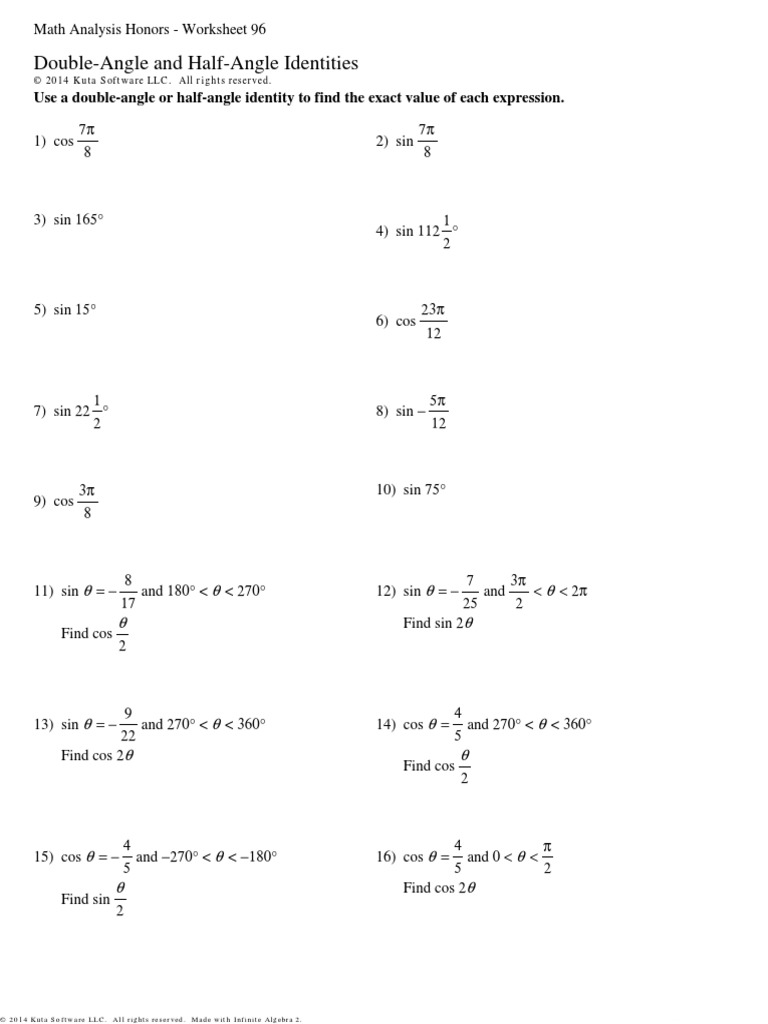 Double Angle And Half Angle Identities Sine Worksheet 