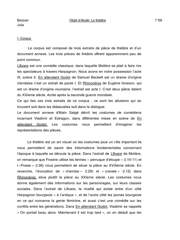 Commentaire Rhinoceros PDF Pièce de théâtre Comédie
