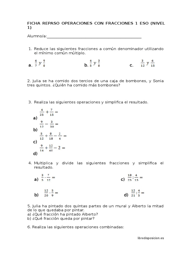 Repaso Operaciones Con Fracciones 1 Eso, Nivel 1 (Fixed)
