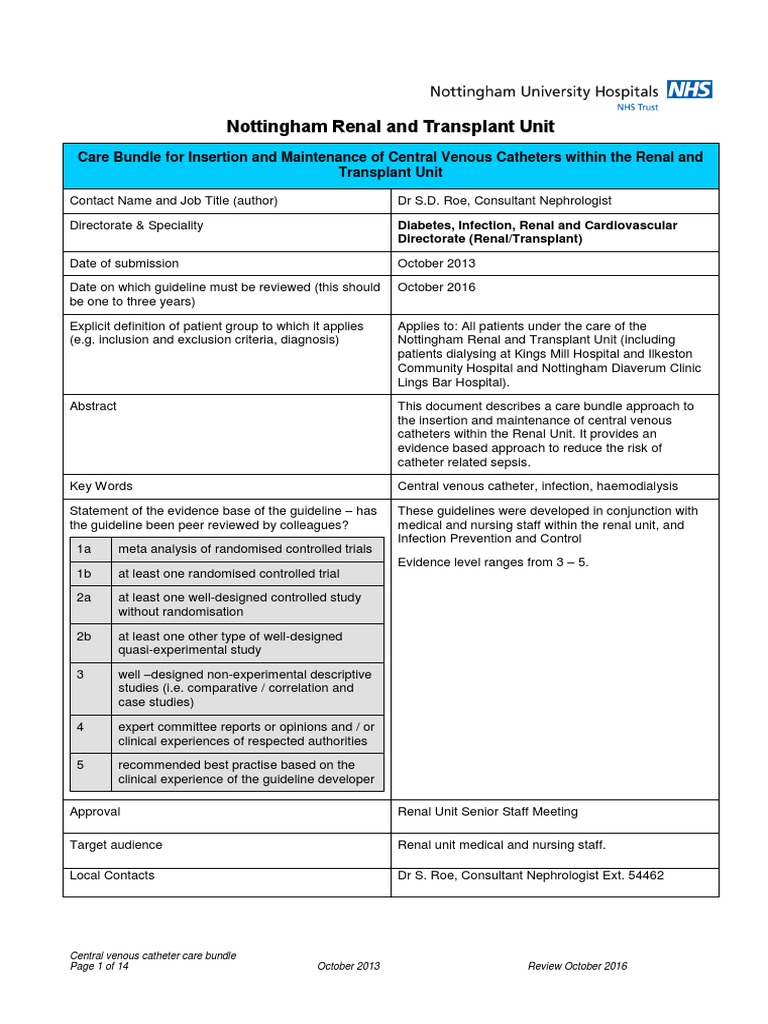 Care Bundle for Insertion and Maintenance of Central Venous Catheters