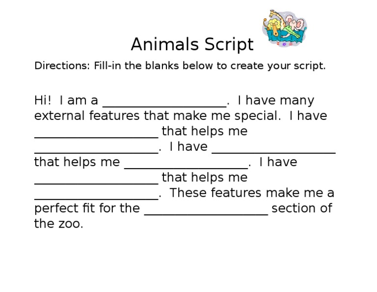 Animals Script: Directions: Fill-In The Blanks Below To Create Your ...
