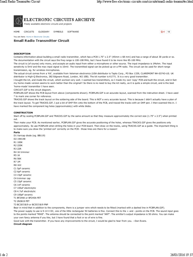 Small Radio Transmitter Circuit | PDF | Transmitter | Electronic Circuits