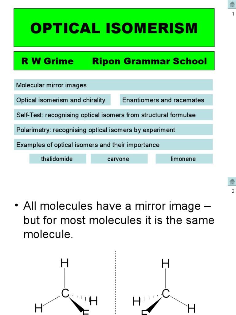 Optical Isomerism R W Grime Ripon Grammar School PDF Chirality