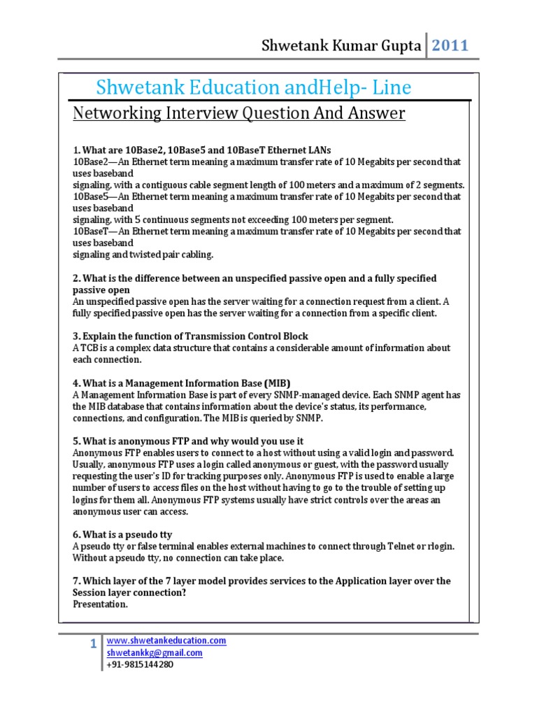 Shwetank Education AndhelpLine Networking Interview Question and Answer PDF Computer