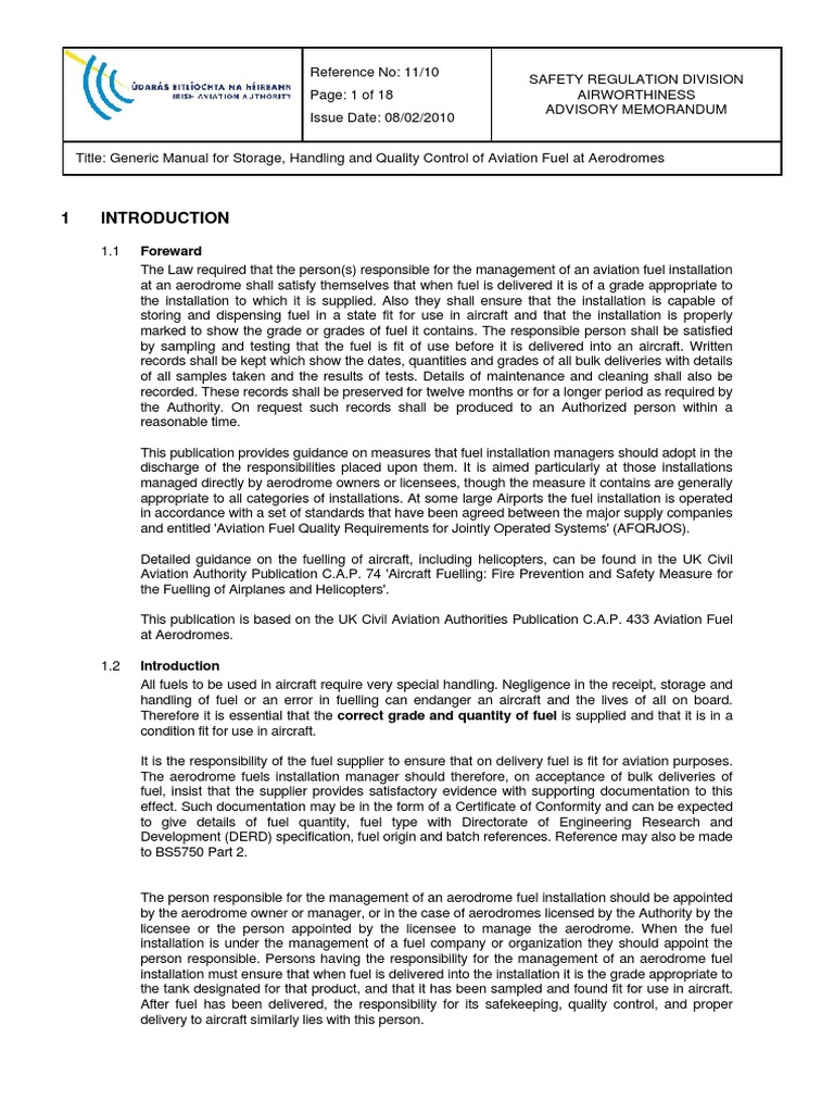Generic Manual For Storage and Quality Control of Aviation Fuel at Aerodromes PDF Jet Fuel