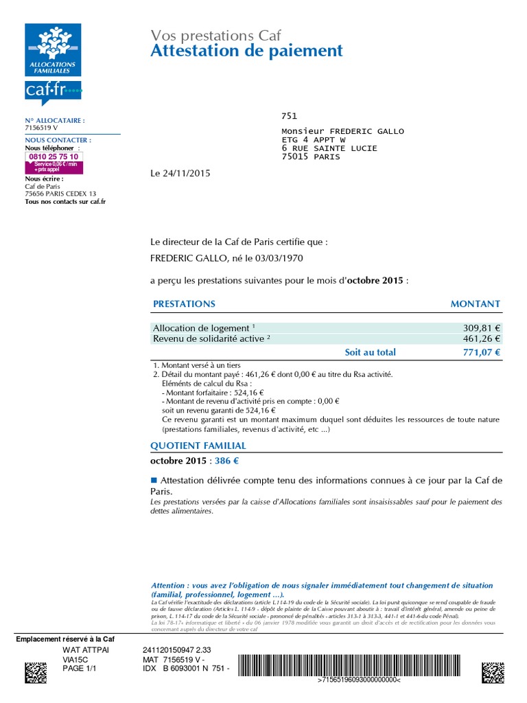 Attestation de paiement CAF d'octobre 2015 | PDF | Finance et gestion ...