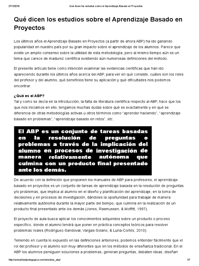 Estudios sobre Aprendizaje Basado en Proyectos | PDF | Aprendizaje en ...
