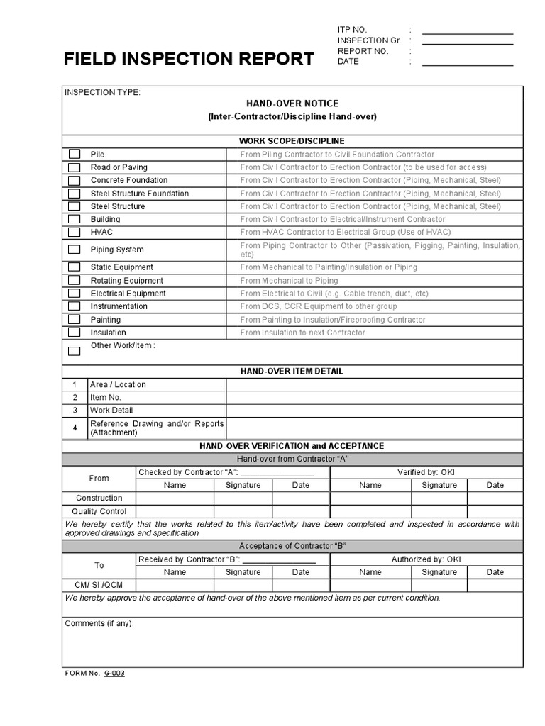 Field Inspection Hand-Over Report | PDF | Computers | Technology ...