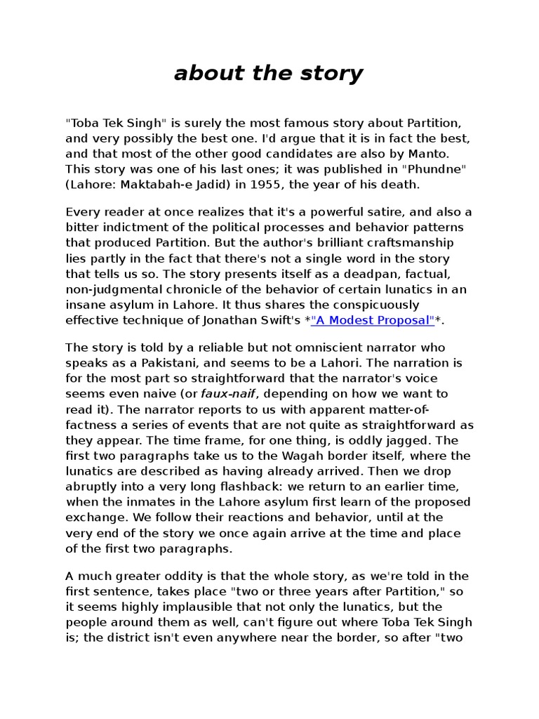 Toba Tek Singh Pdf Partition Of India Pakistan