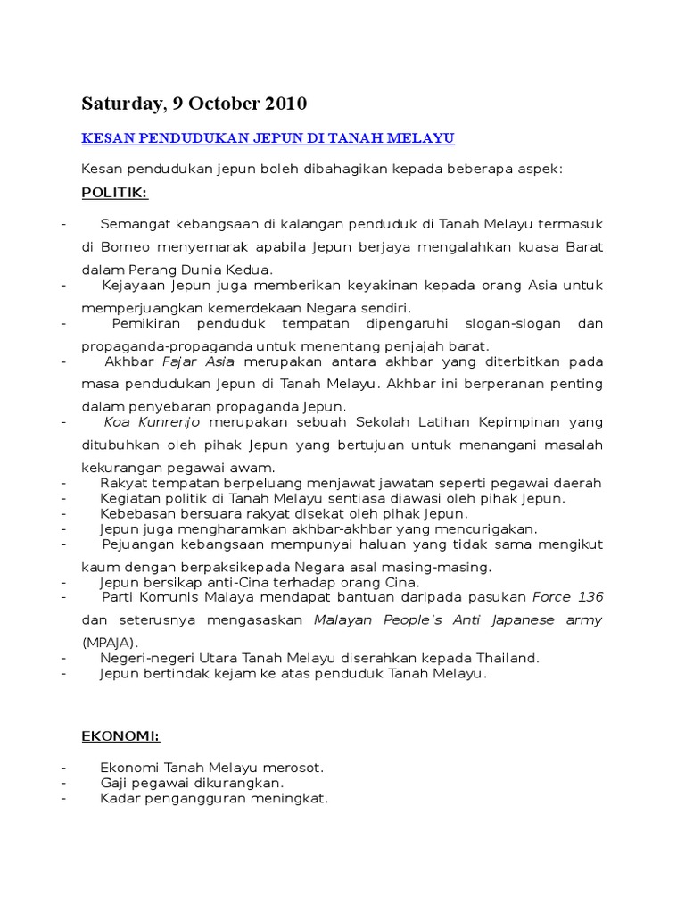 Kesan Pendudukan Jepun Di Tanah Melayu Pdf