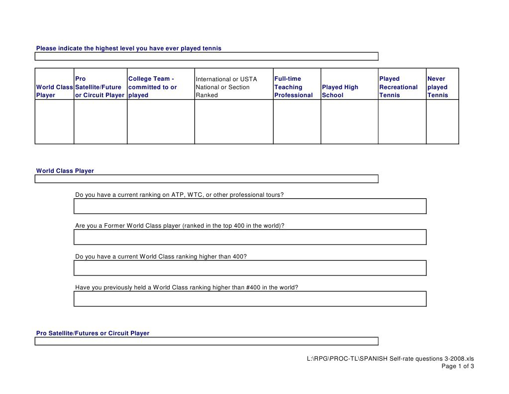 USTA Self Rate Questionnaire PDF Sports Organisations Ball Games