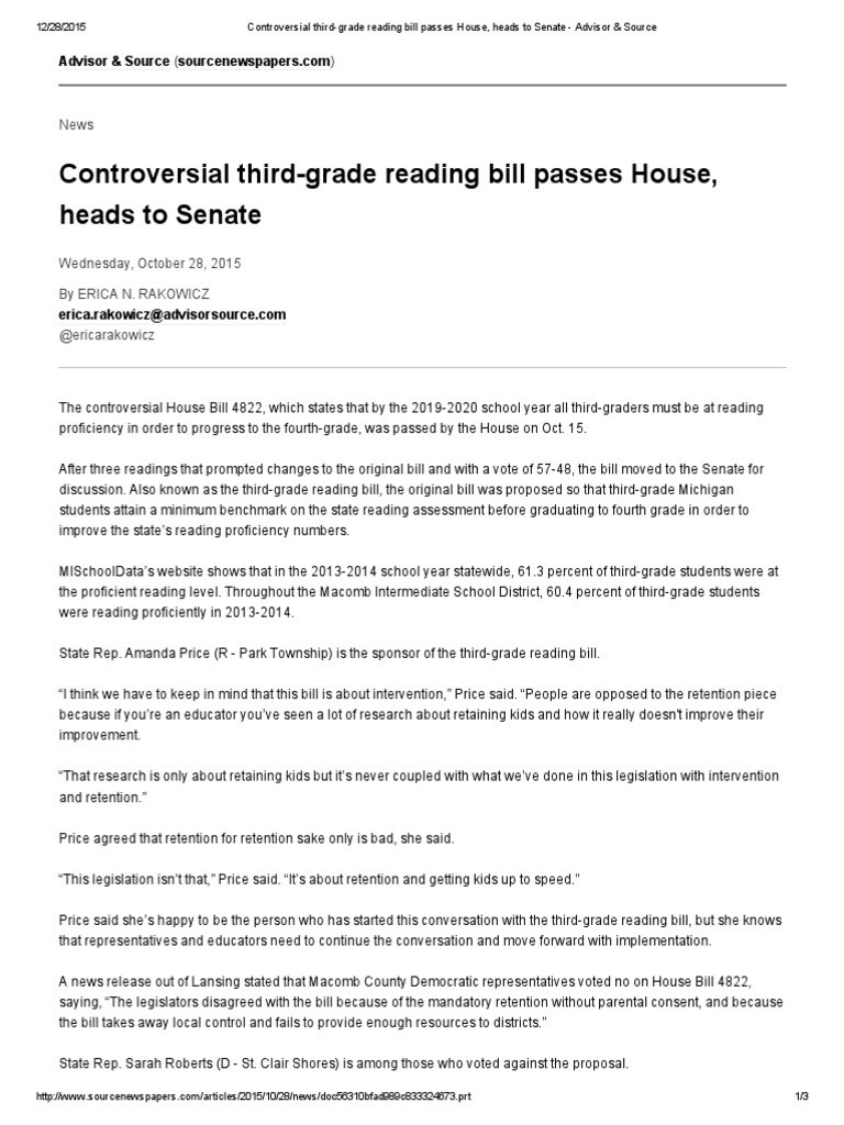 Controversial Third Grade Reading Bill Passes House Heads To Senate