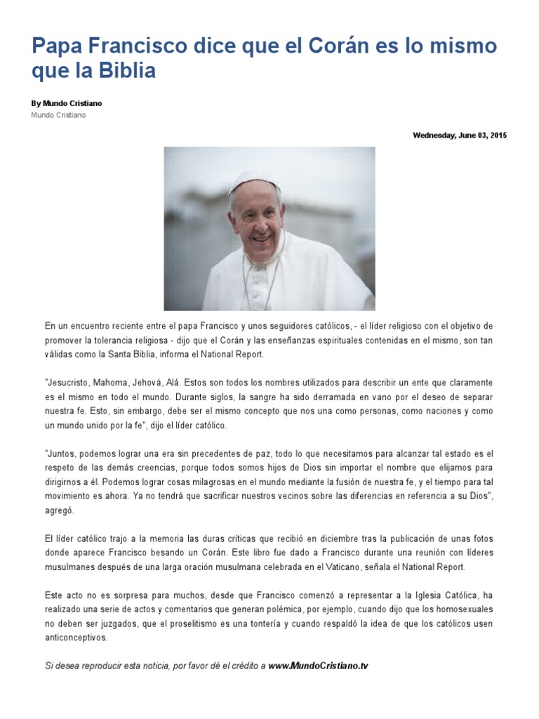 Papa Francisco Dice Que El Corán Es Lo Mismo Que La Biblia PDF Papa Francisco Corán