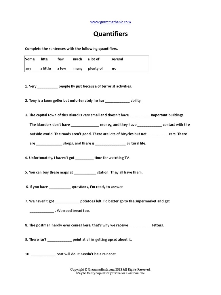 Quantifiers Worksheet | PDF