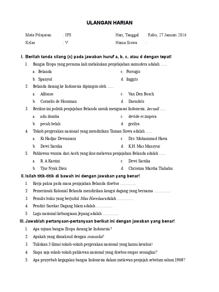 Soal Ips Kelas 5 Sd Penjajahan Belanda Masnurul