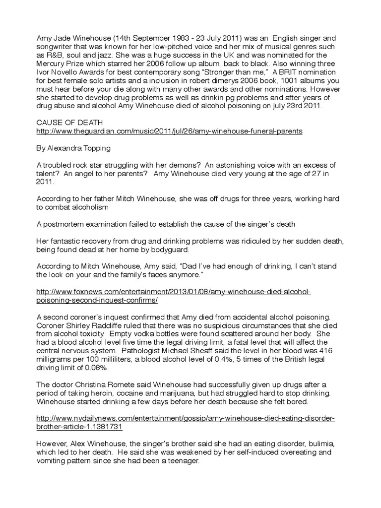 Amy Winehouse Research Final | PDF | Substance Abuse | Drug Rehabilitation