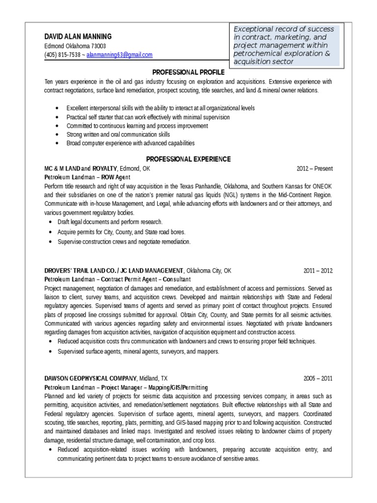Landman Right of Way Agent In Oklahoma City OK Resume David Manning