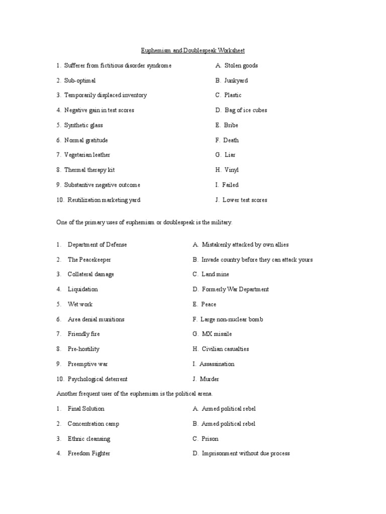 Worksheets Euphemism And Doublespeak Worksheet Answers euphemism worksheet onlinecashflow worksheets and doublespeak answers cricmag