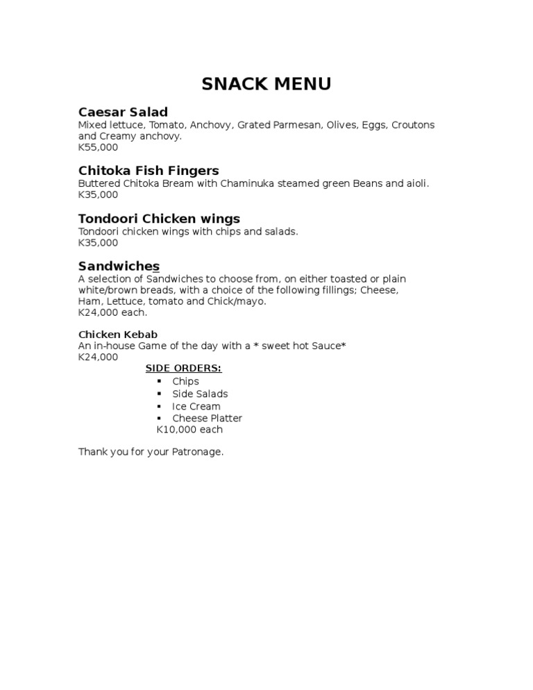 Snack Menu with Prices and Options | PDF