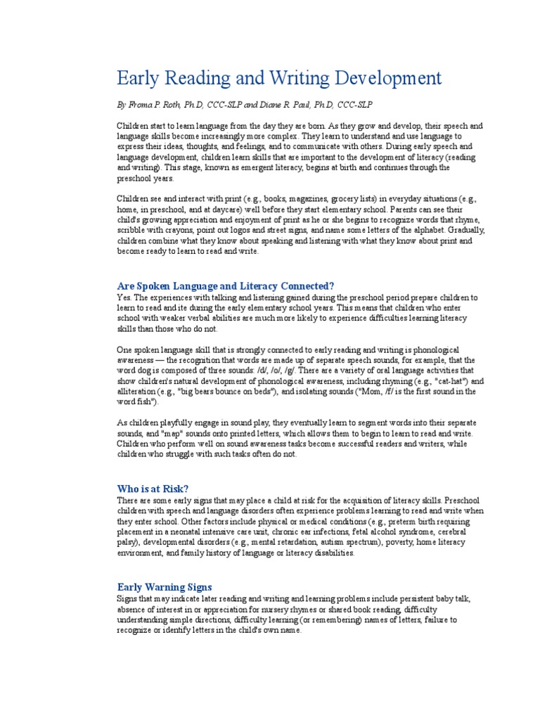 Early Reading and Writing Development Literacy Reading (Process)