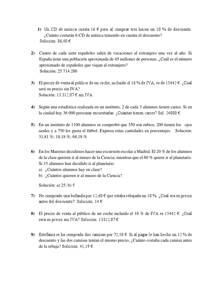 Matemáticas Ejercicios Porcentajes 2 ESO