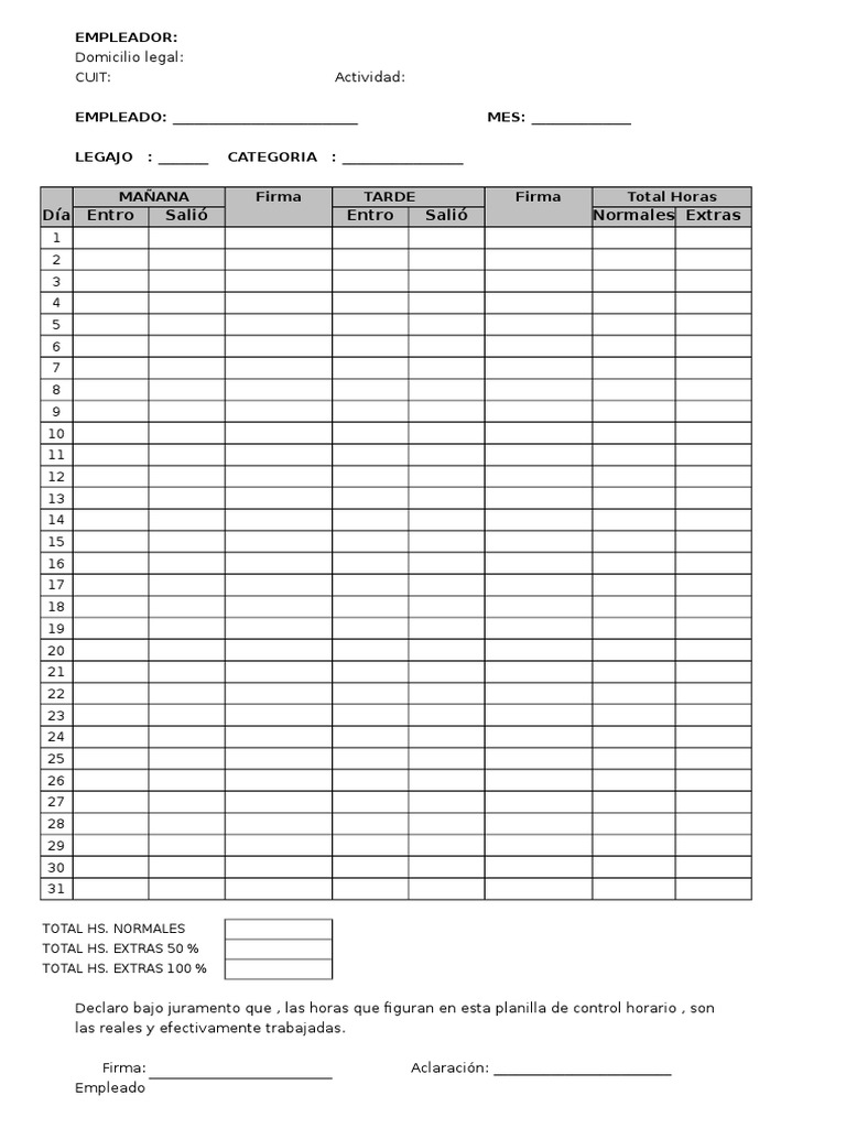 Planilla de Control HorarioModelo PDF