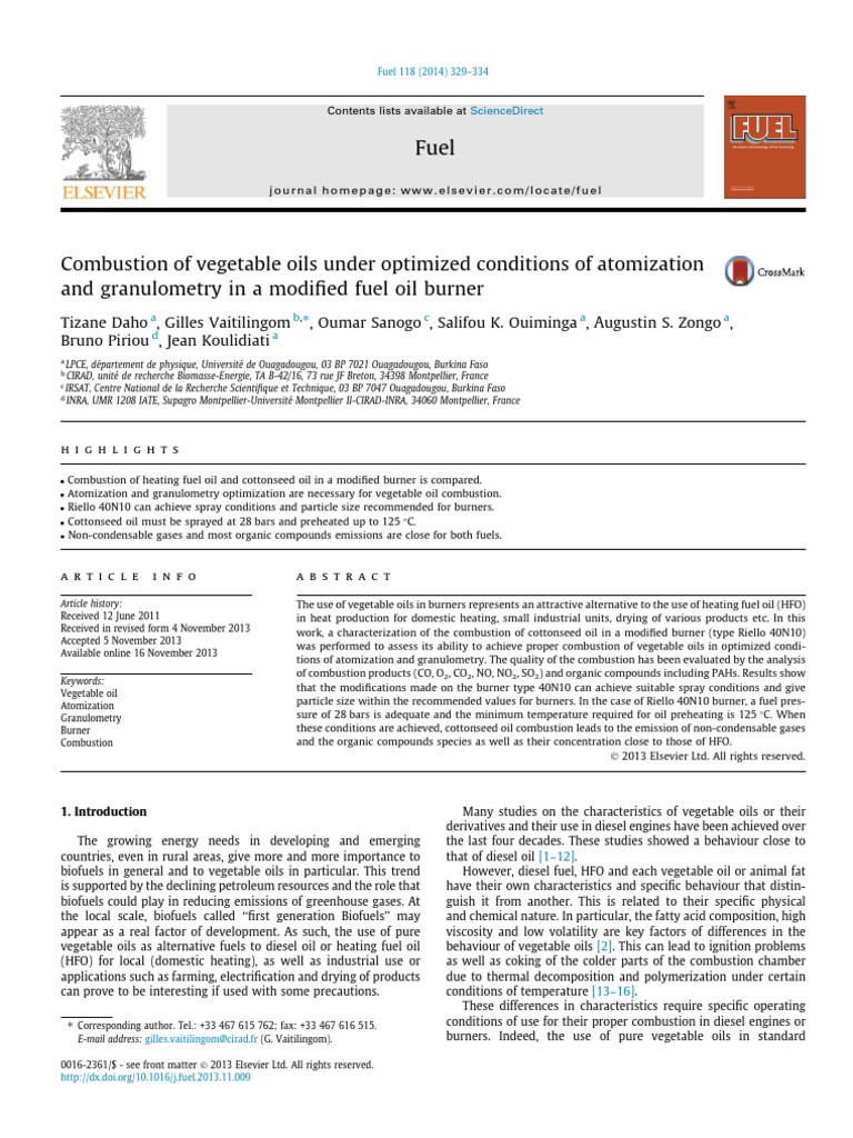 Combustion of Vegetable Oils Under Optimized Conditions of Atomization