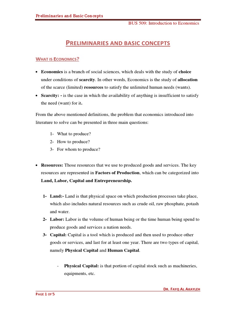 Introduction to Basic Economics Concepts | PDF | Factors Of Production ...