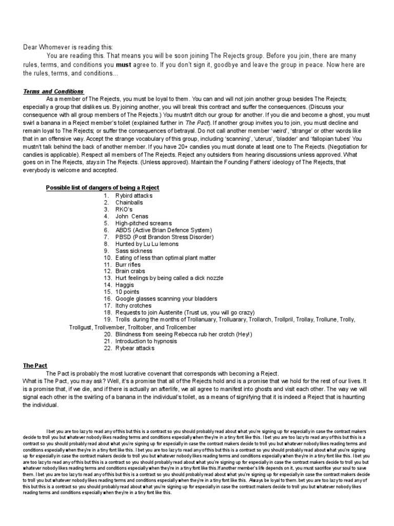 Terms and Conditions Possible List of Dangers of Being A Reject PDF