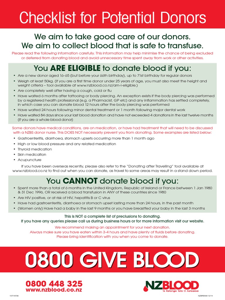 NZ Blood Checklist 2015 PDF Blood Donation Immunology