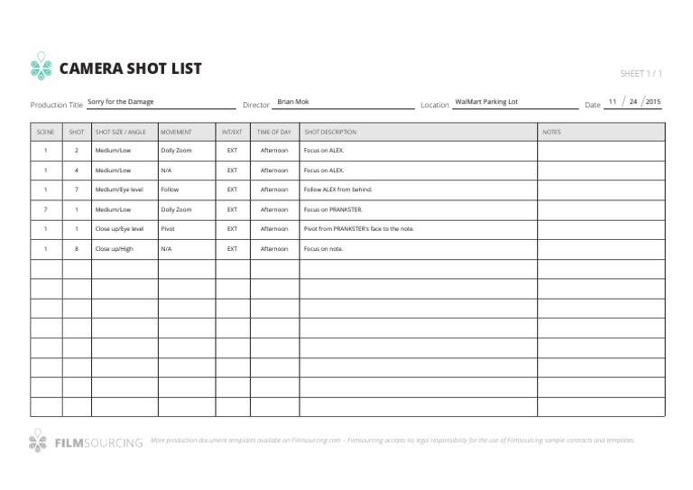 Camera Shot List for "Sorry for the Damage" | PDF