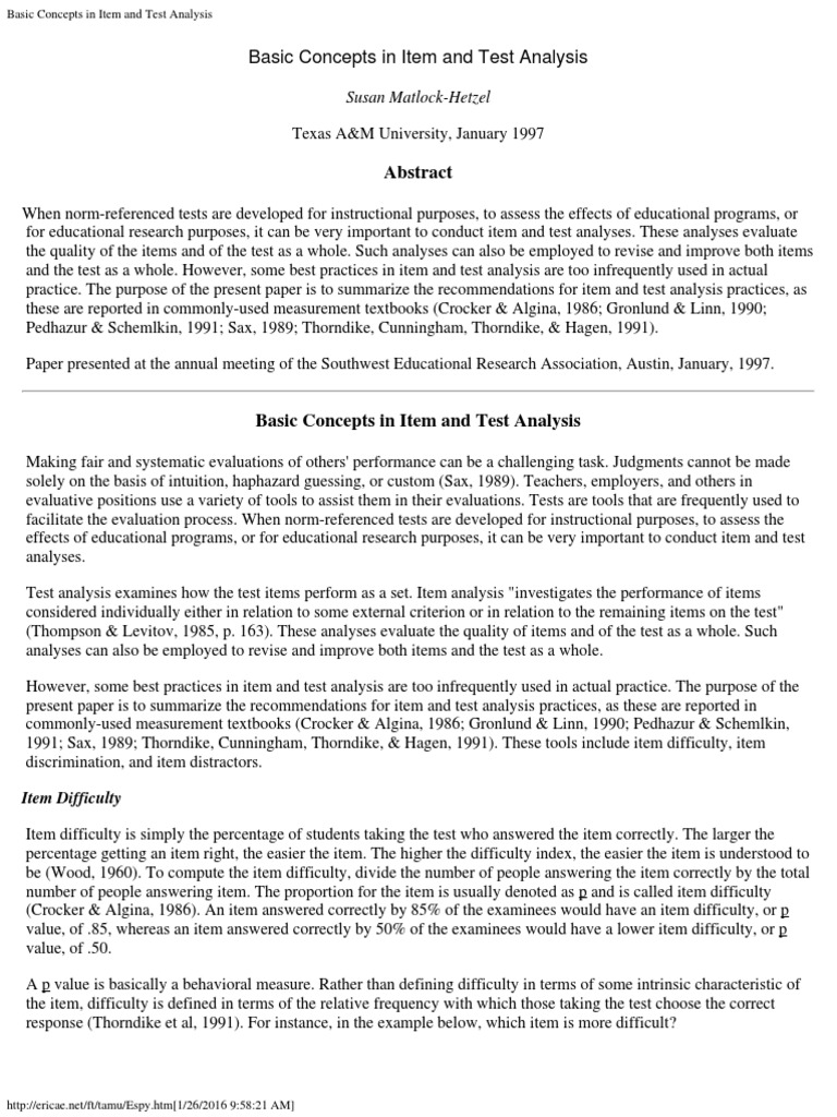 Basic Concepts in Item and Test Analysis - Part1 | PDF | Evaluation ...