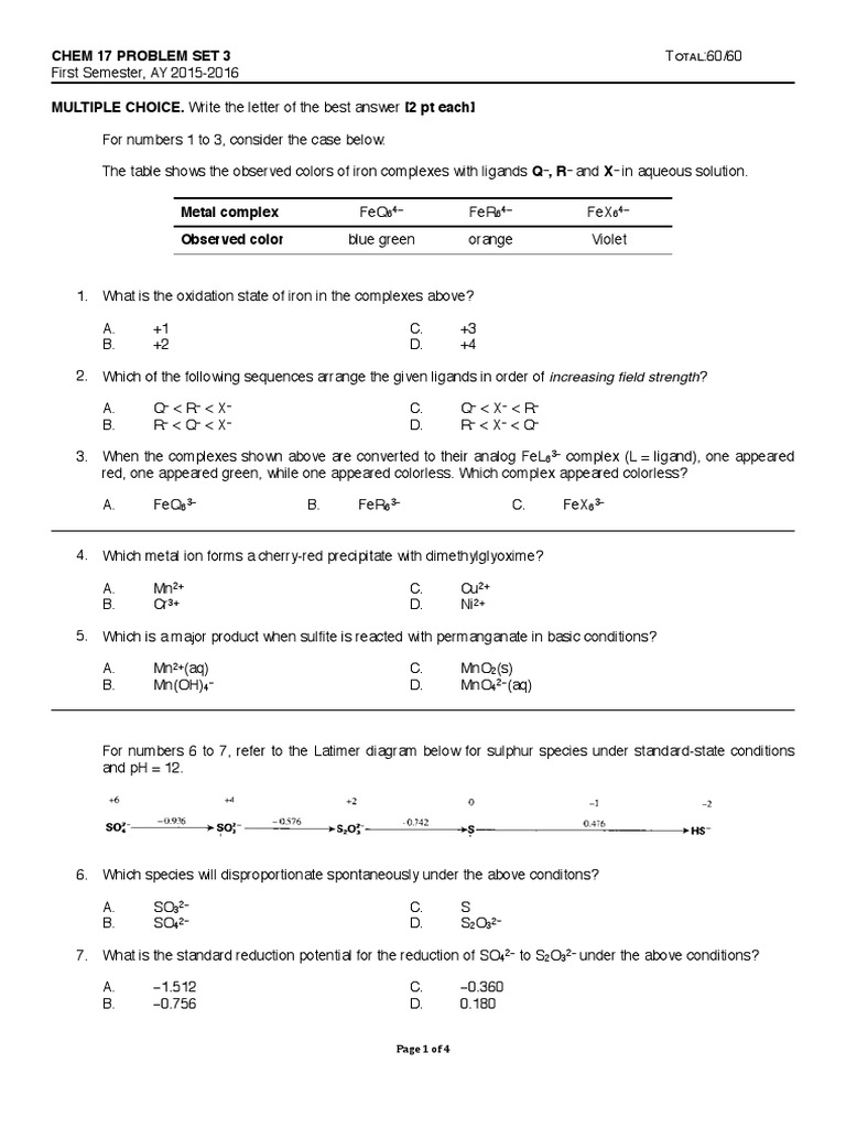Chem 17 Problem Set Coordination Complex Redox