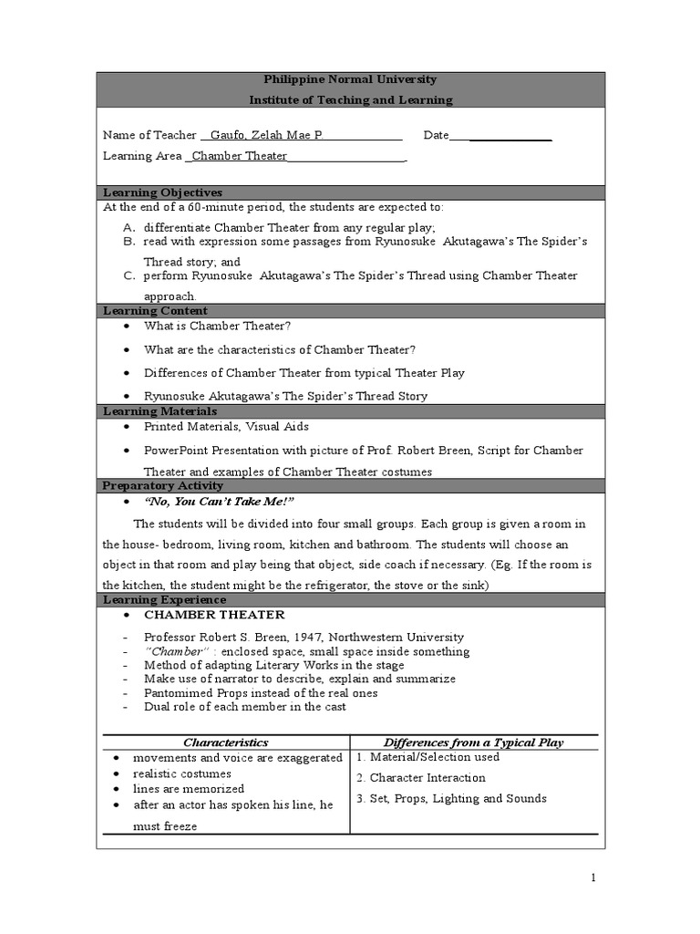 Lesson Plan for Theatre Lesson Plan