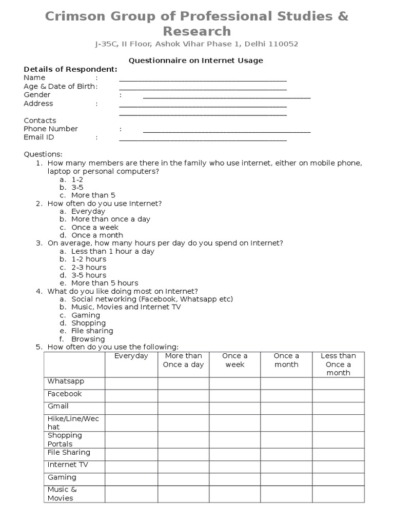 J-35C, II Floor, Ashok Vihar Phase 1, Delhi 110052: Questionnaire On ...