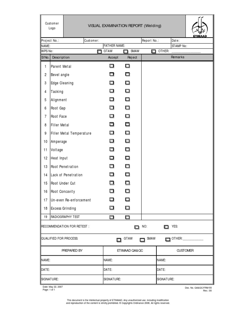 Visual Examination Report (Welding)