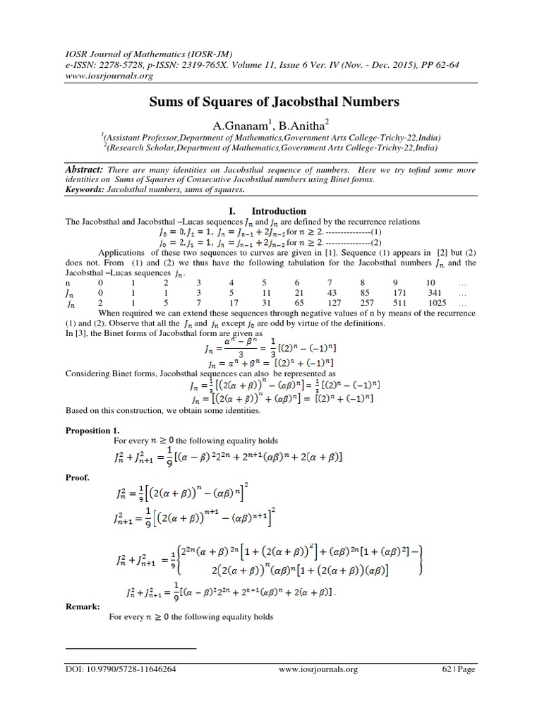 Sums of Squares in Jacobsthal Numbers | PDF