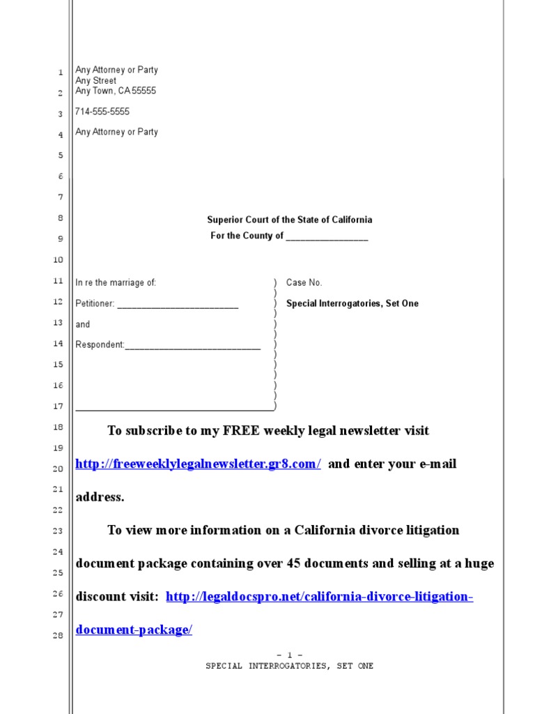 Sample Special Interrogatories For Divorce in California PDF