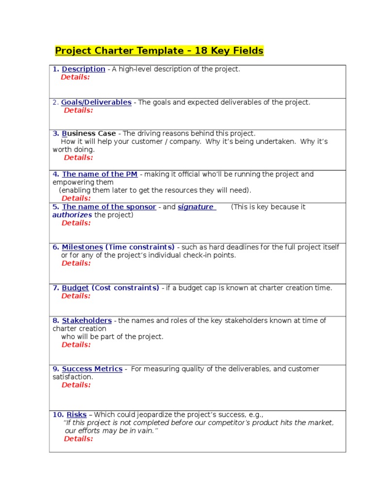 Project Charter Template - 18 Key Fields: Details | PDF