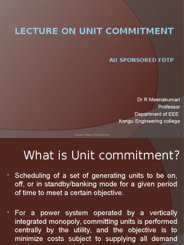 Lecture On Unit Commitment: Au Sponsored FDTP | PDF | Mathematical ...