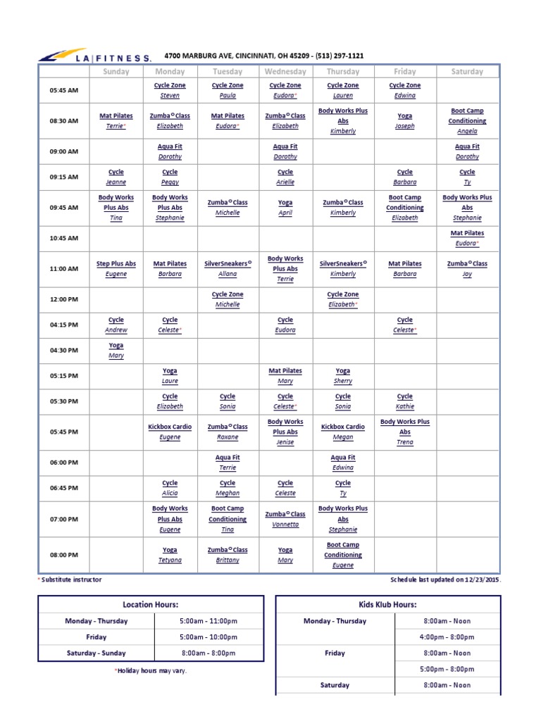LA Fitness _ Class Schedule (Print Version) OAKLEY CINCINNATI, OH